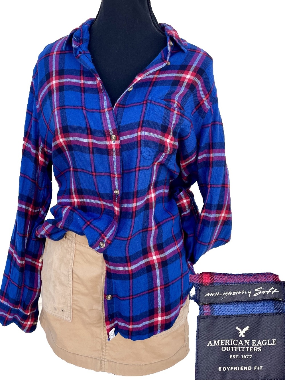American Eagle Blue & Red Plaid Boyfriend Fit Soft Flannel LG